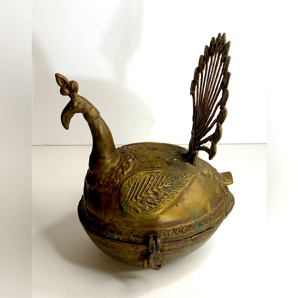 Vintage Solid Brass Peacock Trinket Box